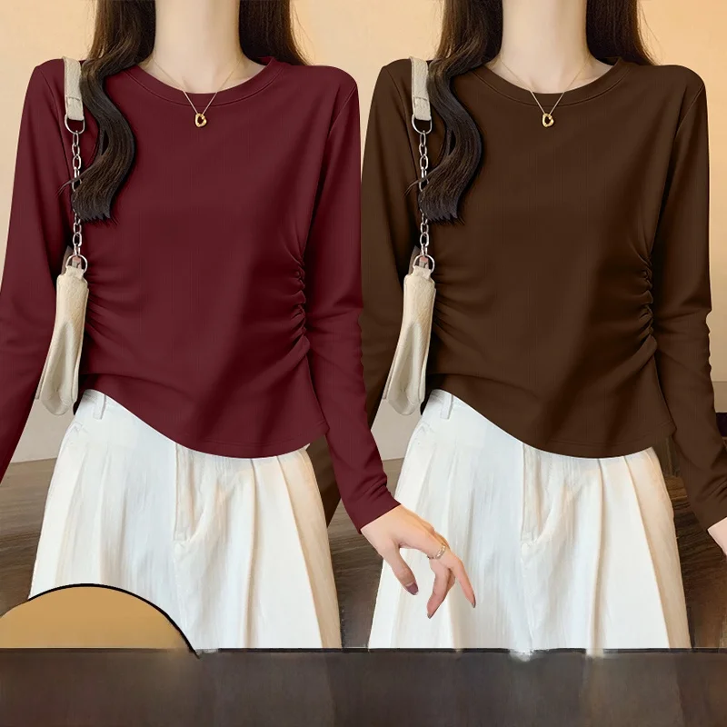 

Women's Slim Fit Long Sve T-irt Teaded Base irt Versatile Casual Sle round Ne Pure Color Spring Autumn Top