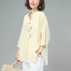 Women Spring Summer Vintage Embroidery 3/4 Sleeve Shirt Simple Casual Cotton Linen Irregular Blouse Long Sleeve Loose Tunic Tops