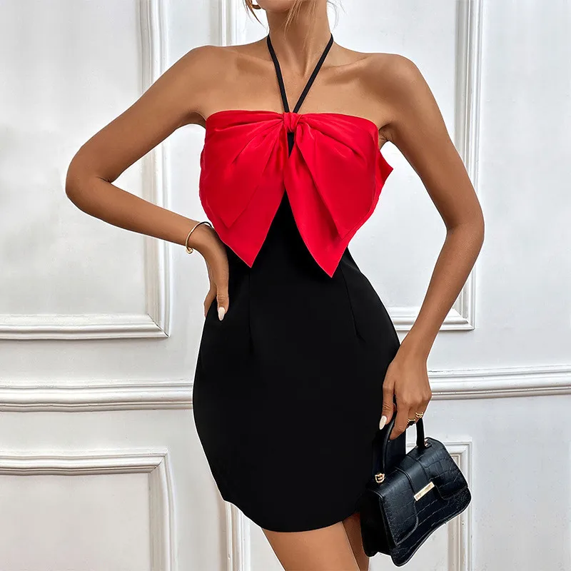 

Chic Bow Strapless Red Mini Dress Ladies Elegant Backless Sheath Dresses Women Clubwear Vestidos Clashing Skirt Evening Dress