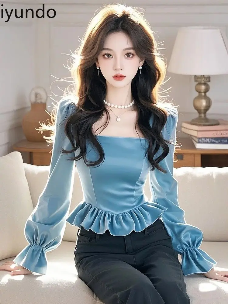 

New Women's Velvet Blouse with Blue Floral Ruffle Detail - Luxury Satin Elegant Top Flowy Fit Perfect for Party or Office