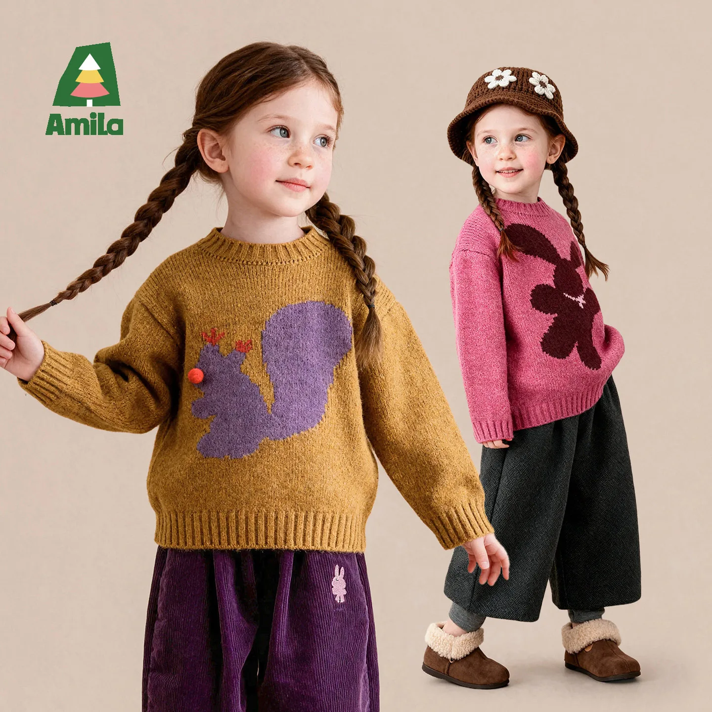 Amila 2026 Winter New Kids Sweater Cartoon Pattern Crew Neck Fleece Lined Warm Thermal Extra Soft Cozy Comfortable Daily Top