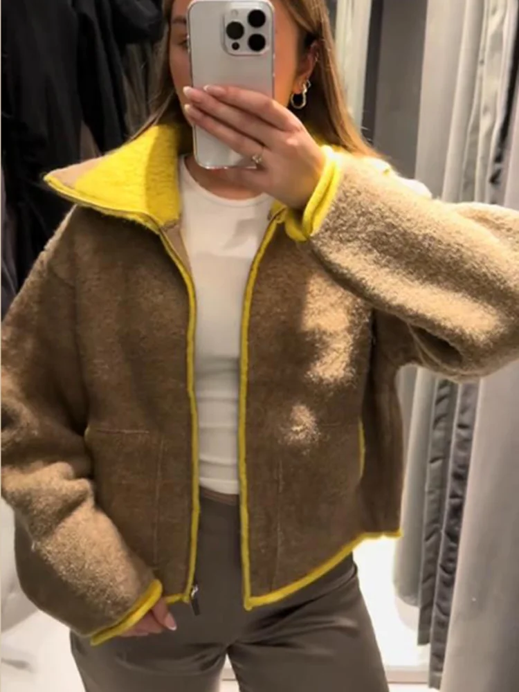 2026 ربيع جديد التباين سترة مشغولة من الصوف جاكيتات للنساء أنيقة طويلة الأكمام جيوب سستة سترة الشارع سيدة شيك أبلى #4