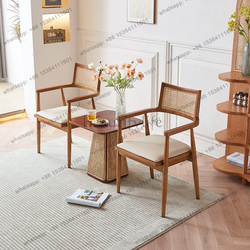 Nordic simple home balcony solid wood leisure rattan chair tea table three-piece set