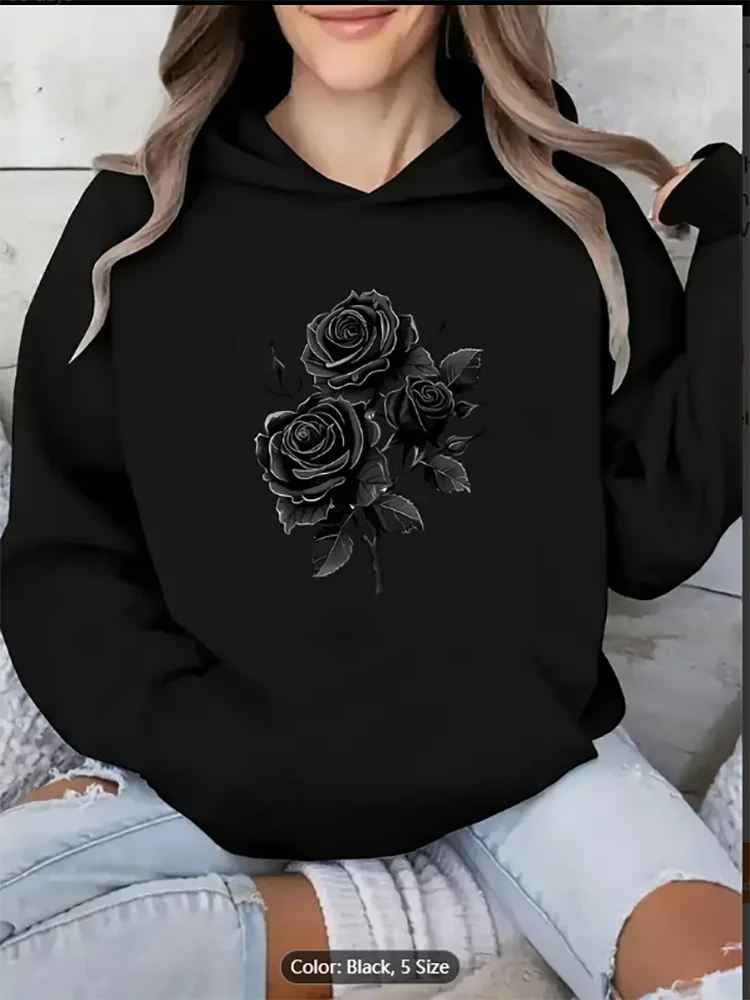 

Rose Print Hoodie for Women - Casual Pullover Sweatshirt with Floral Design Soft Polyester Fabric Perfect for Casual Attire