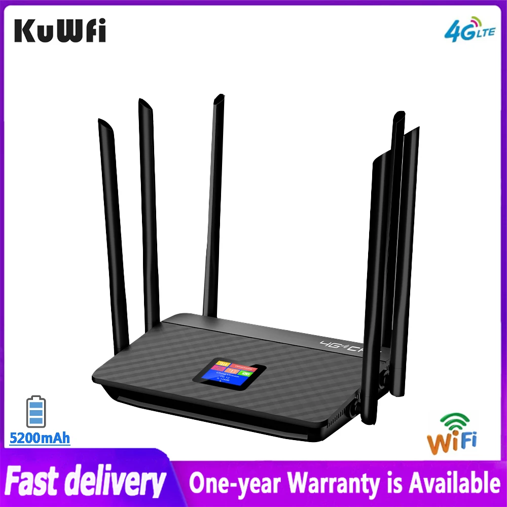 

KuWfi 4G LTE Router 150Mbps Wireless WiFi With Sim Card Slot RJ45 Port 6PCS High Gain External Antennas Built-in 5200mAh Batter