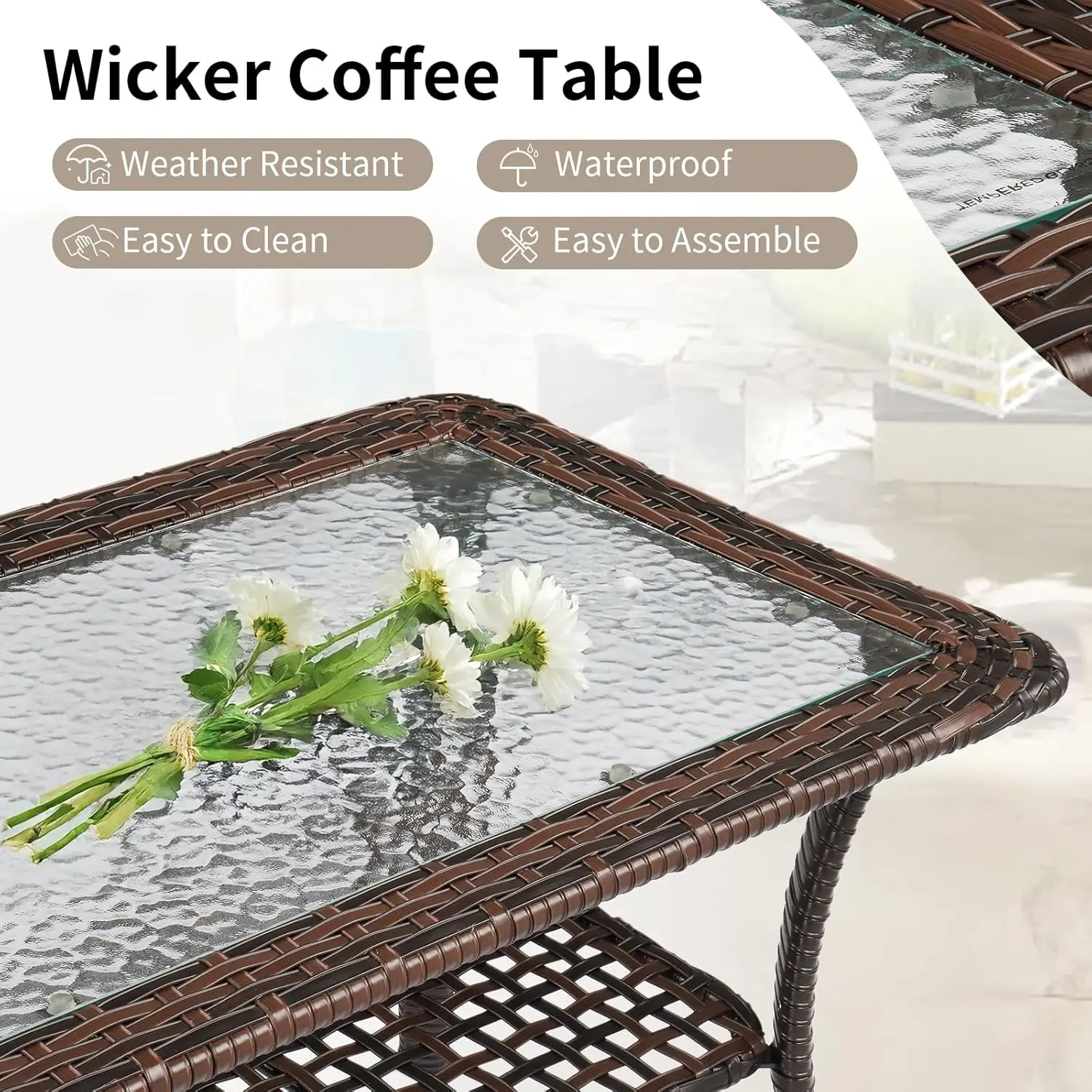 Outdoor Coffee Table With Storage Wicker Patio Coffee Table, Tempered Glass Top Coffee Table For Patio Outside Balcony Porch Dec