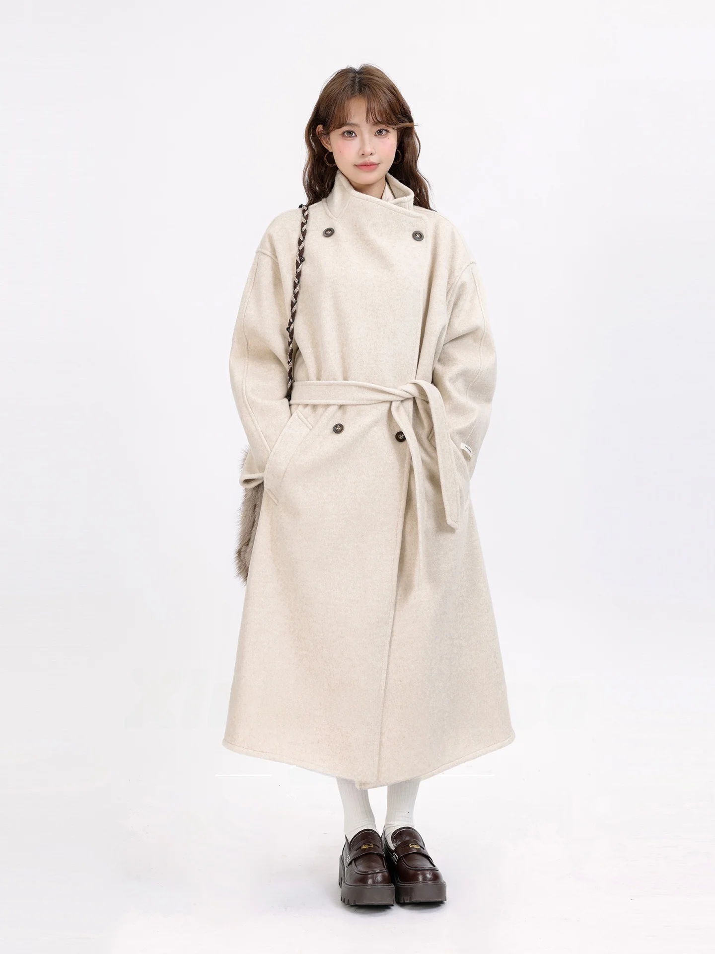 

Корейское двубортное длинное шерстяное пальто из двусторонней ткани для женщин, зимняя модная верхняя одежда, удобный свободный крой, однотонное