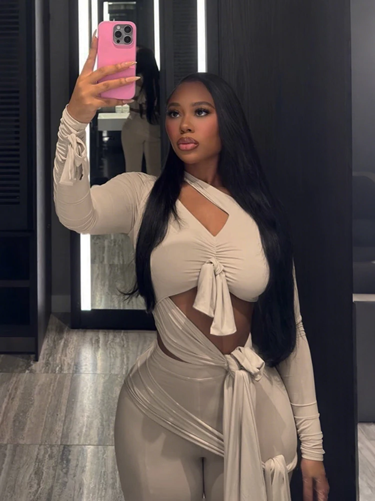 

Sisterlinda шикарный комплект из 2 предметов с кисточками, женский бандаж для отдыха, нерегулярный воротник, складки, укороченный топ с бантом + брюки с эластичной резинкой на талии, модные костюмы