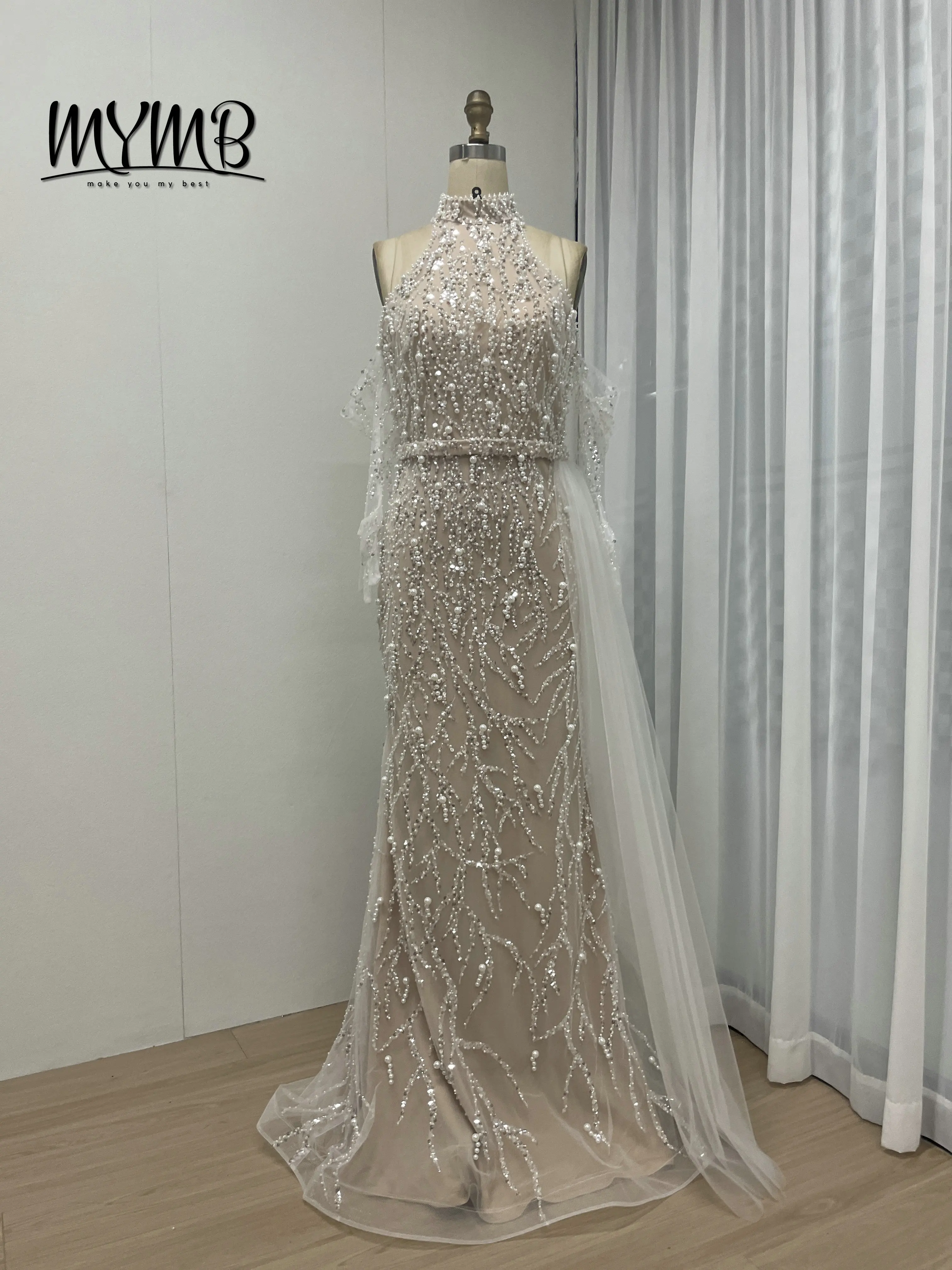 MYMB Sexy Halter Neck Sleeveless Beaded Evening Couture Dresses for Wedding Party Arabic Mermaid Formal Gown With Gloves MY30107