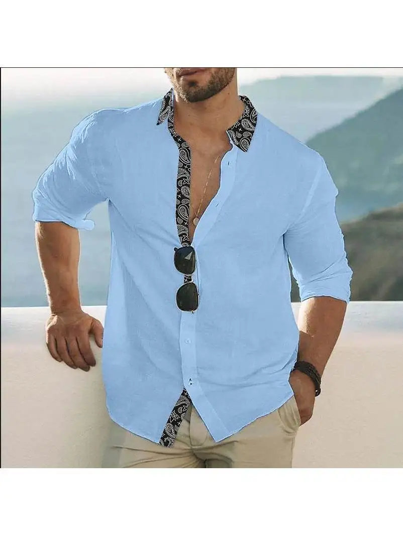 

Men's Large Size Printed Lapel Long Sve irt Stand Fit Polyester Fiber Breathable Youthful ular Daily Wear
