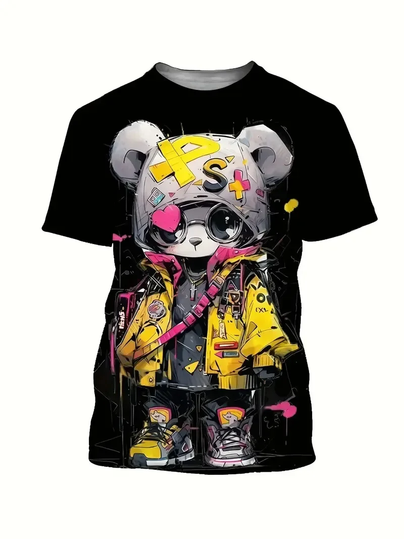 

Fun 3D cartoon bear print men's T-shirt summer casual round neck short sleeved pullover hip-hop streetwear fashionable loose top