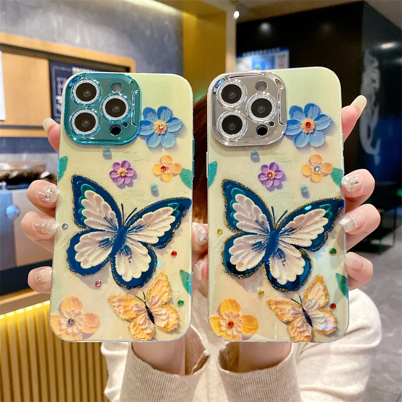 

Fashion Flowers Butterfly Glitter Laser Phone Case For iPhone 11 12 13 14 15 Pro Max Plus Color Diamond Lens protection Cover