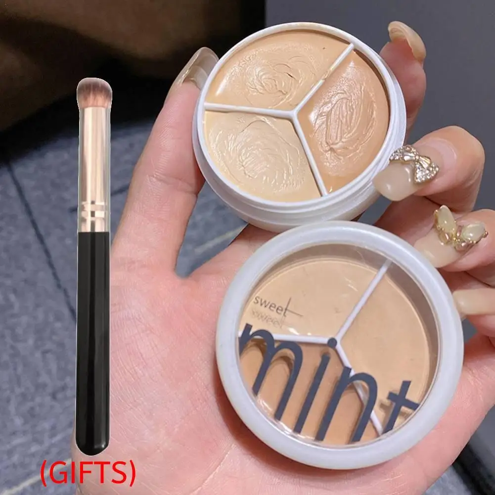 (send brush) Sweet Mint 3 Color Concealer Palette Cream Base Full Coverage Cover Acne Spots Dark Circles Facial Makeup Foundatio