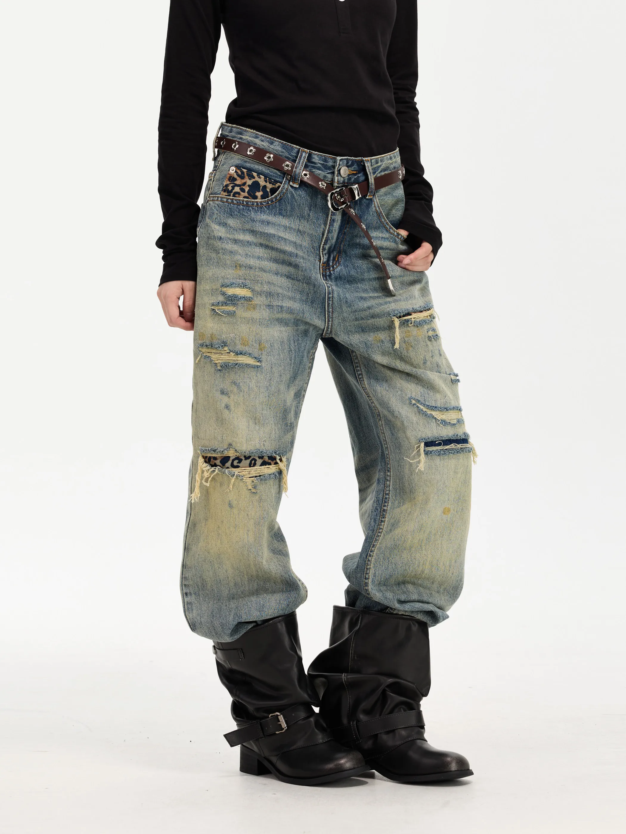 American Street Style Leopard Print Denim Jeans Loose Straight Leg Trousers Men Women Retro Blue Fake Hole Design Sensation