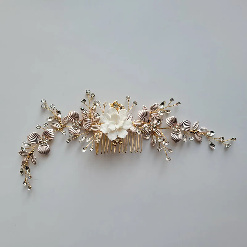 SLBRIDAL Handmade Ins Style Ceramic Flower Leaf Rhinestones Pearl Bridal Hair Comb Wedding Headband Hair Accessory Women Jewelry