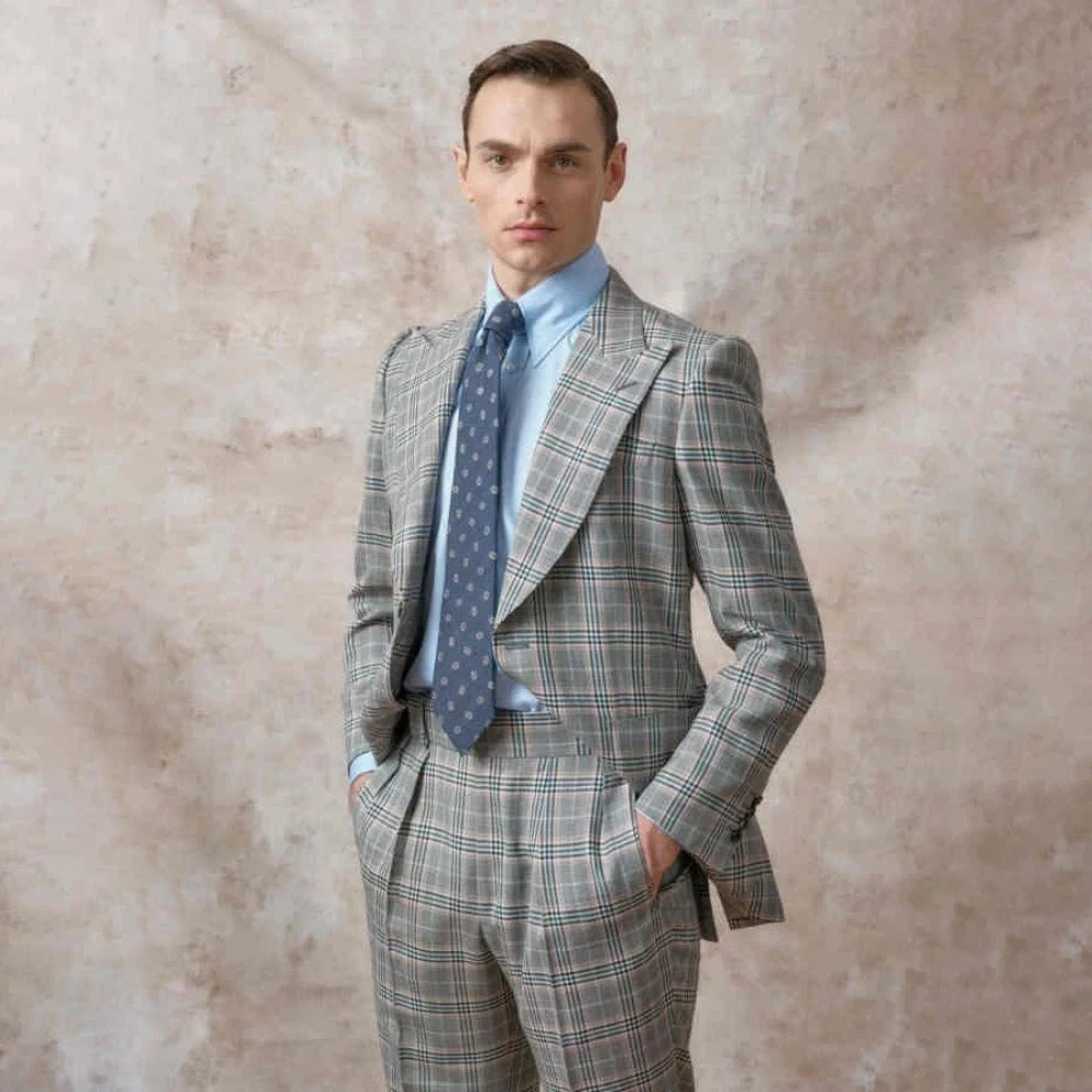 

High Quality Men's Suits Elegant Single Breasted Peak Lapel Slim Fit 2 Piece Jacket Pants Sets Fashion Back Double Vent Blazer