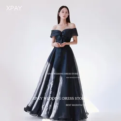 XPAY Off Shoulder Black Organza Korea Evening Dresses Shiny  Short Sleeve Drap Wedding Photo Shoot Customised Corset Bride Gown