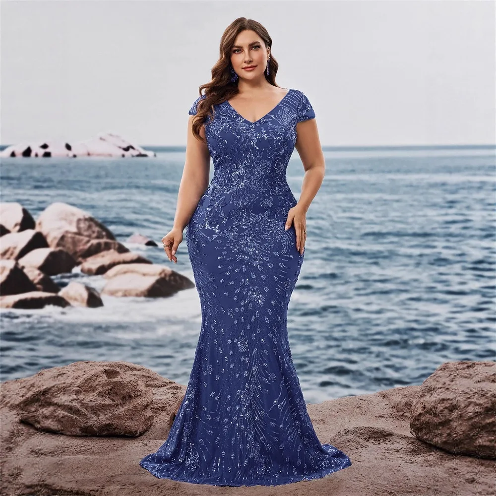 

Plus Size Royal Blue Sequin Mermaid Maxi Dress V Neck Cap Sleeve All Over Leaf Sparkle Mesh Mother of Bride Evening Gown