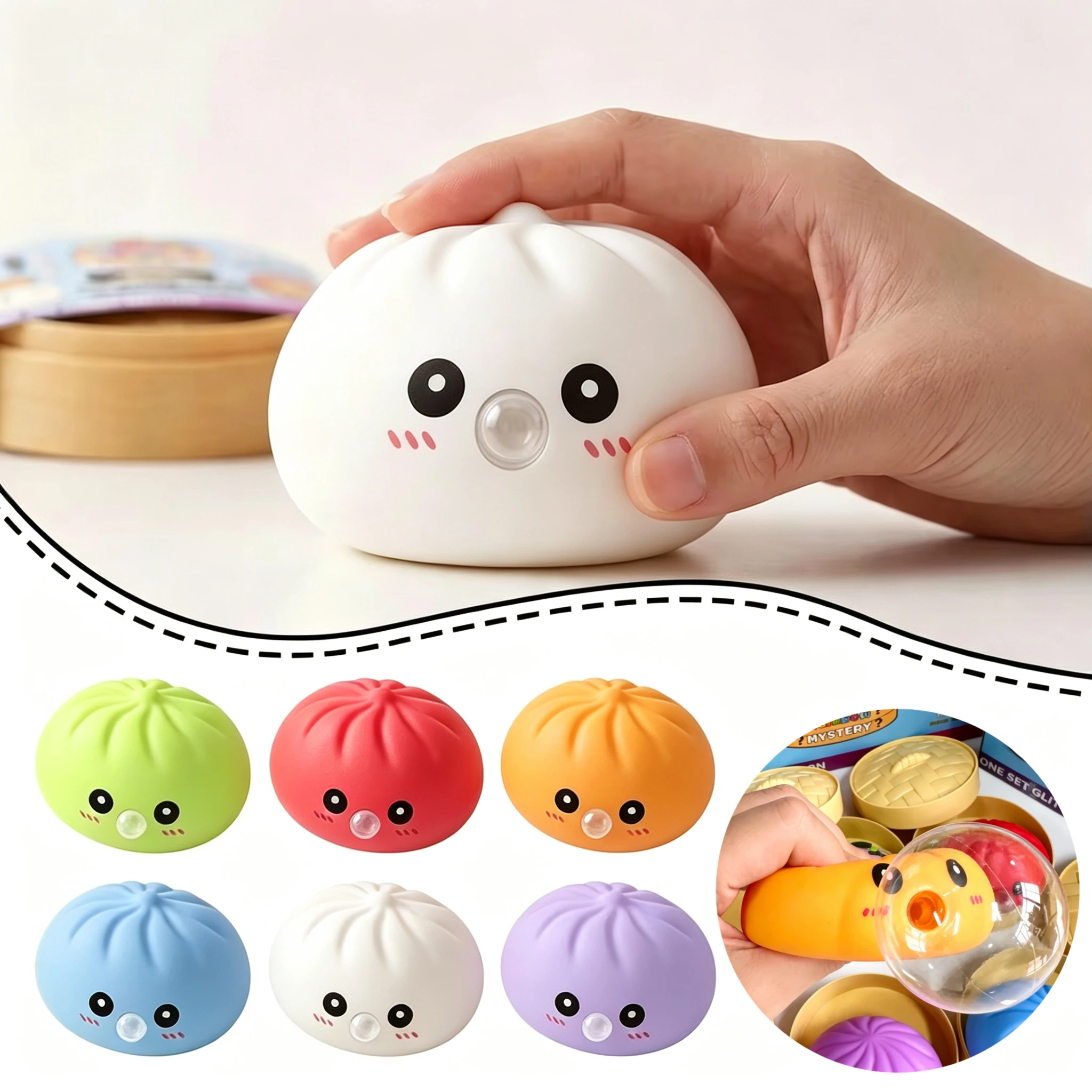 Pink Dumpling Squishy Toy in Steamer Box with Bubble Blowing Feature Soft Flexible Bao Bun Stress Relief Gift for Adults And Kid