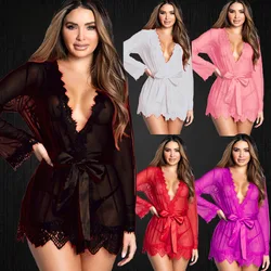 Sex Transparent Underwear Short Dress Robe+G String Women Sexy Lace Trim Sleepwear Lingerie Babydoll Erotic Nightgown