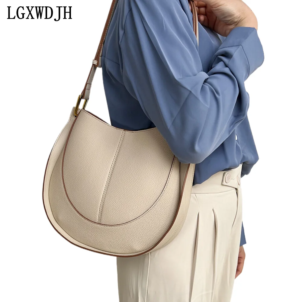 Niche Light Luxury Real Cowhide Women\'s Shoulder Bag Saddle Soft Leather Handbag Large capacity bucket type trend cross body bag