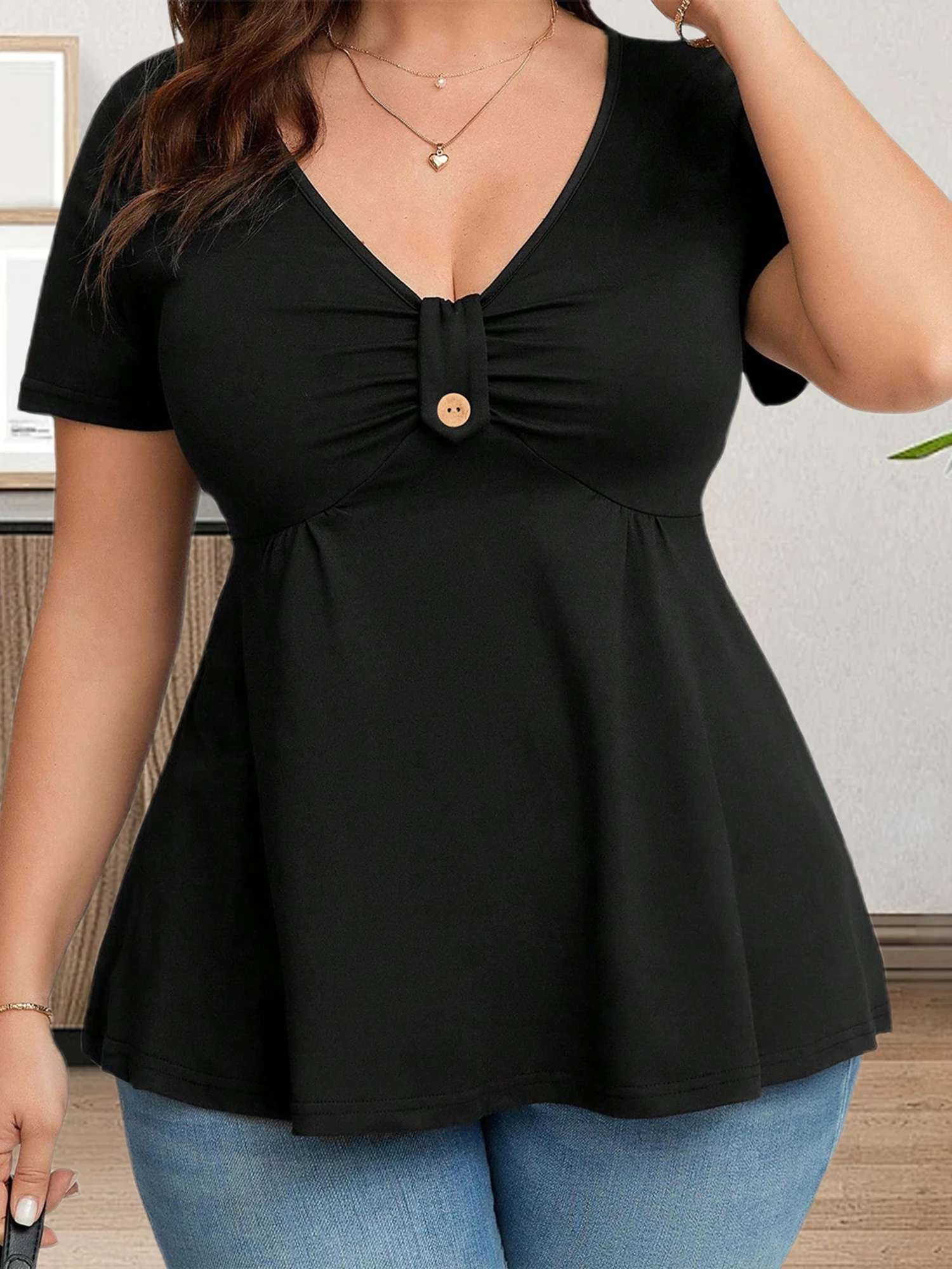 

Women Plus Size Babydoll Tops Floral Print Ruched Button V Neck Short Sleeve Ruffle Shirts Casual Summer Streetwear Fashion
