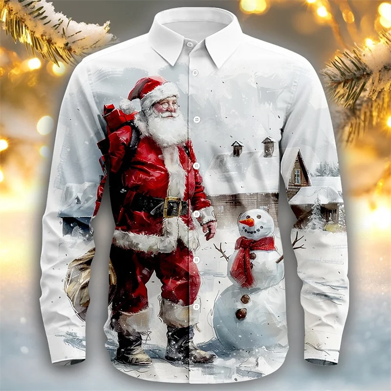 Christmas Casual Men\'s Button Shirt Long Sleeve Party Evening Everyday Autumn Winter Spring Summer Lapel Shirt 3D Printing Red