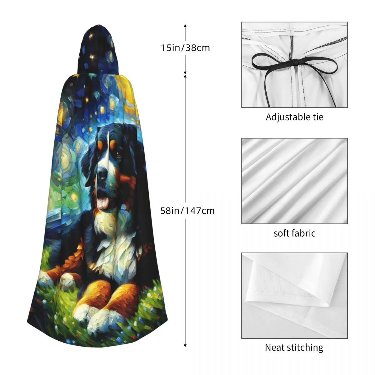 Starry Night Bernese Mountain Dog Van Gogh Lover Long Hooded Cloak Witch Medieval Costume Cosplay Cape HalloweenParty Adult - view 3