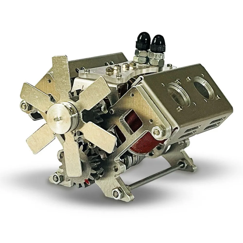 Motore V4 Motore di potenza Motore CC a pistone magnetico forte Modello di assemblaggio in metallo Motore V4 con finitura lavorata a CNC oposta orizzontalmente