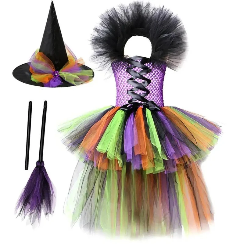 Girls' Halloween Witch Costume with Train, High‑Low Hem Long Witch Tutu Dress, Kids Carnival Party Set with Hat and Broom