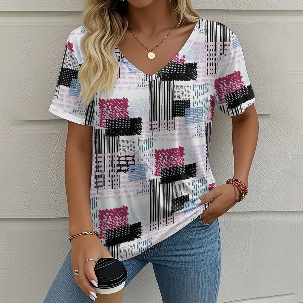 T-shirt da donna vintage estiva T-shirt casual con motivo scozzese stampato Abbigliamento da esterno con scollo a V manica corta Top T-shirt da strada alla moda
