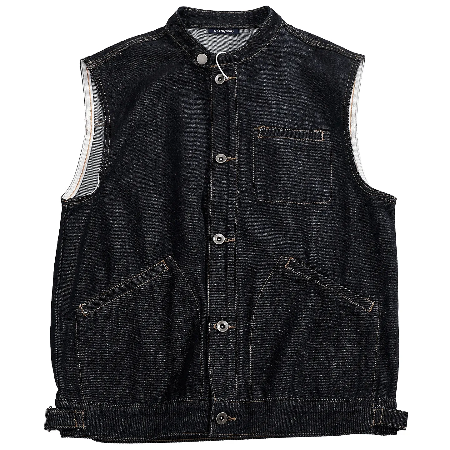 Work style primary color denim vest men's stand collar metal button hem adjustment buckle casual layering vest jacket
