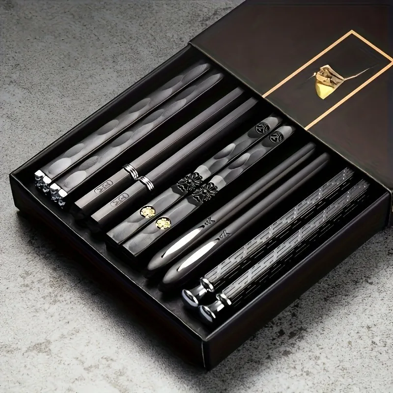 

9.57in Black Alloy Chopsticks Set - Reusable Japanese-Style Tableware Gift Box