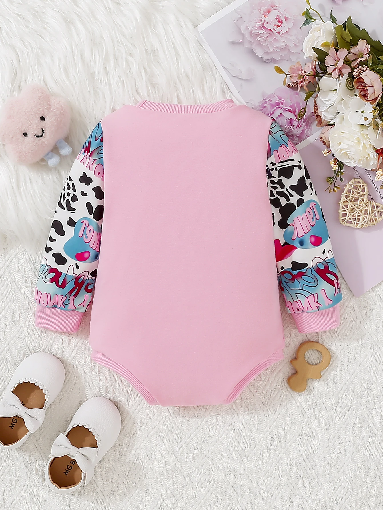Girls Casual Spring Autumn Milk Pattern Letter Print Long Sleeve Pink Triangle Romper Onesie for Babies