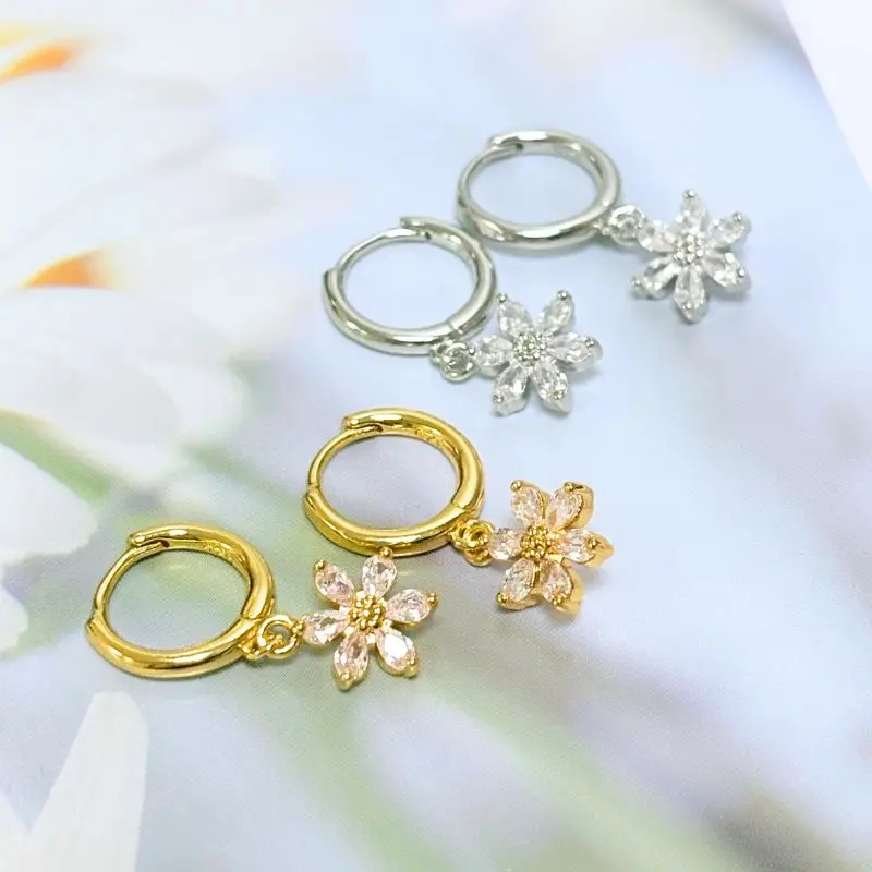 925 Silver Ear Needles Flower Pendant Hoop Earrings For Women Luxury White Zircon Pierced Crystal Earrings Fashion Party Jewelry