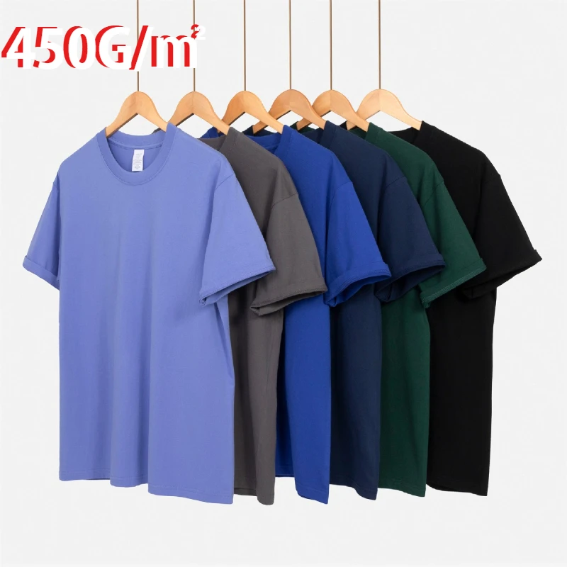 Summer 450g Heavyweight Cotton Short-sleeve T-shirt for Men - Crew Neck, Relaxed Fit, Solid Color Base Layer, Trendy Brand Tee