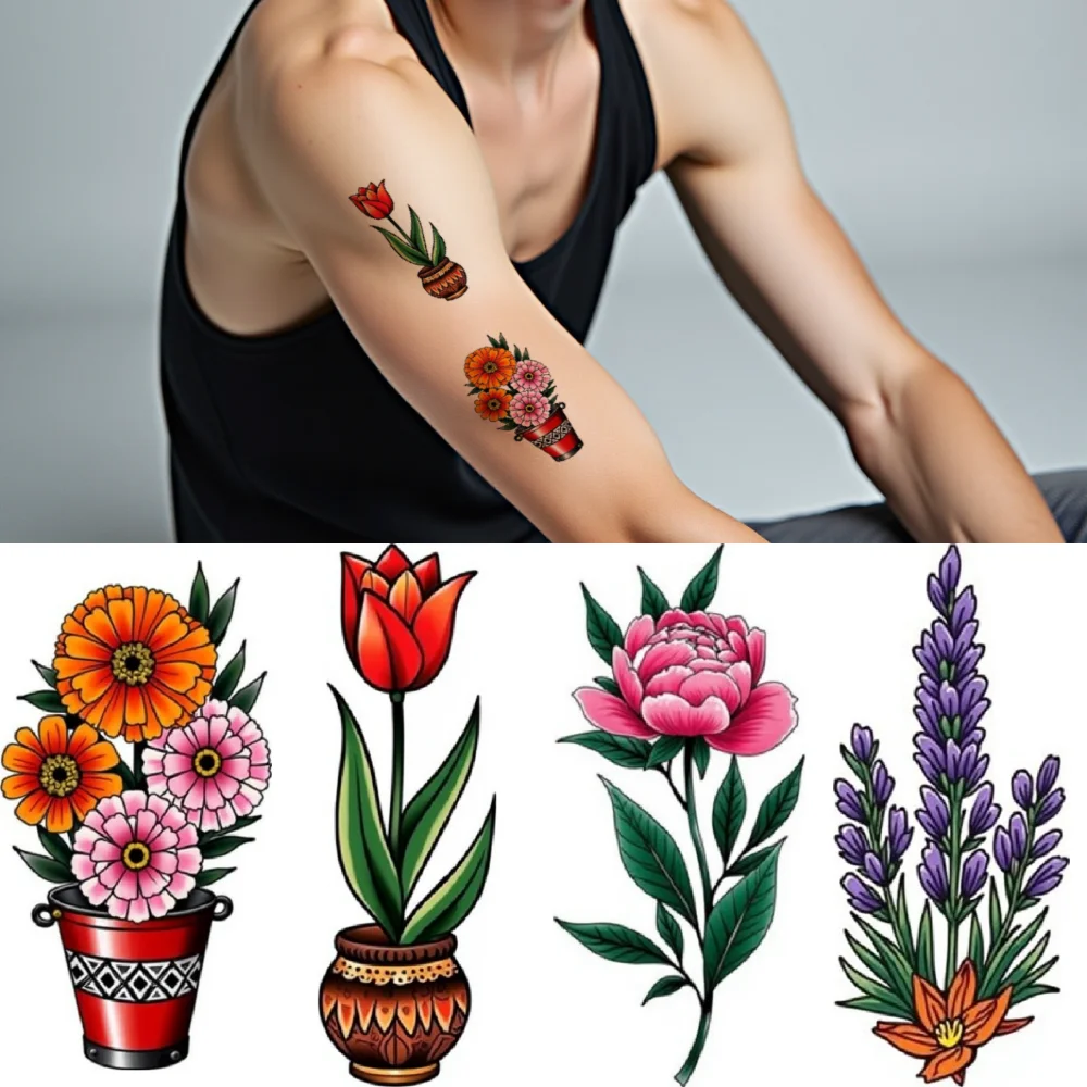 

28pcs Temporary Tattoo New School Traditional Decorative Lanterns Iris Flowers Lavender Flowers For Chest Men Arms