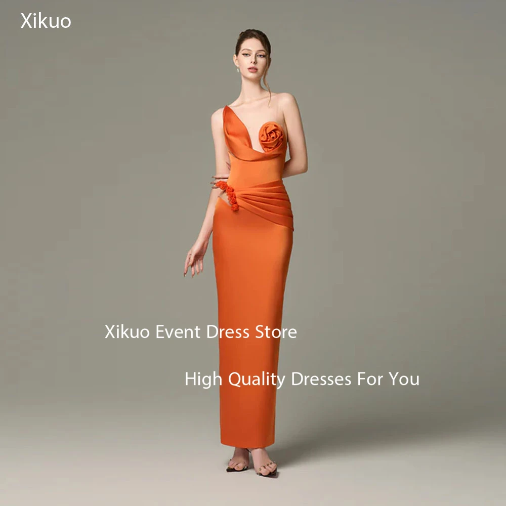 

Xikuo Orange Satin Ruched Evening Dresses Sultry 3D Florals Party Prom Gowns Cocktail One Shoulder Robe De Soirée Customized