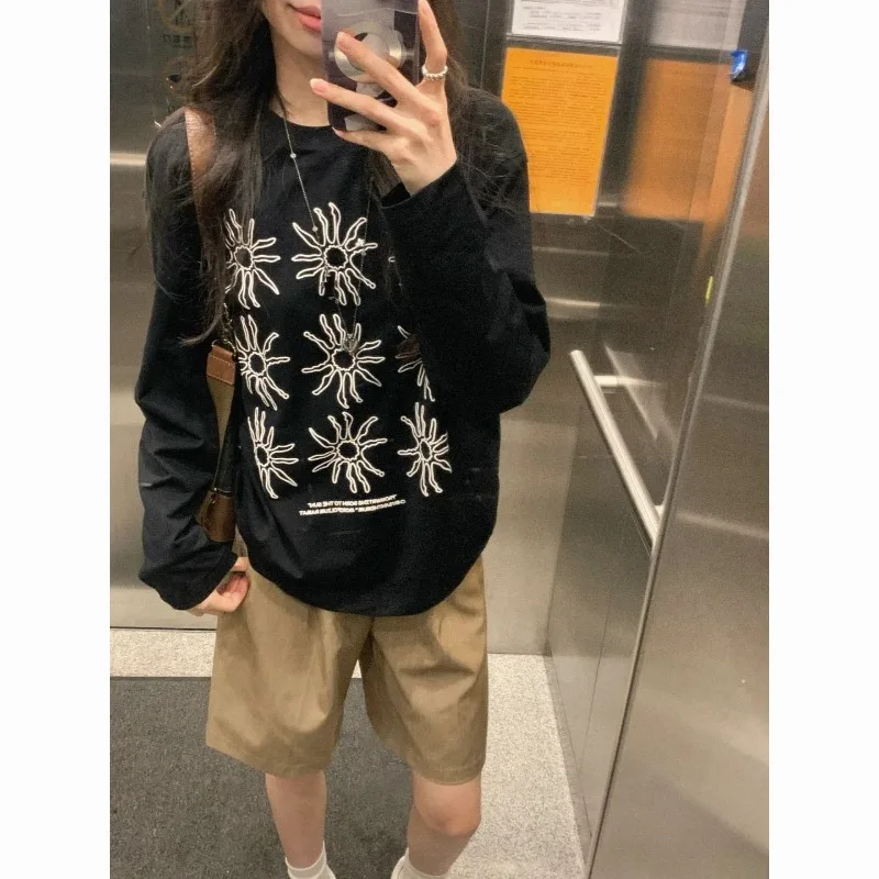 

Lazy Pure Cotton American Retro Sun Long-sleeved T-shirt Women's Loose Casual Ins Versatile Top