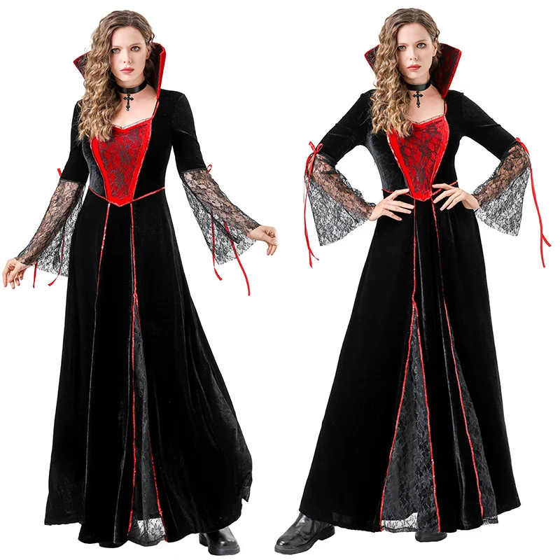 

Halloween Women Renaissance Vampire Costume Cosplay Gothic Lace Sleeves Long Dress Masquerade Queen Cosplay Costume