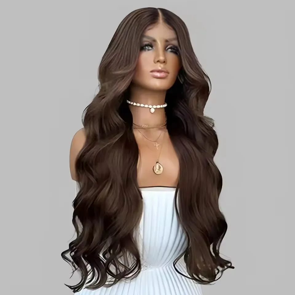 Synthetic Hair Dark Brown Body Wave 13X4 Lace Front Wig For Black Women Glueless Pre Plucked Cosplay Daily Wear Fiber Wigs