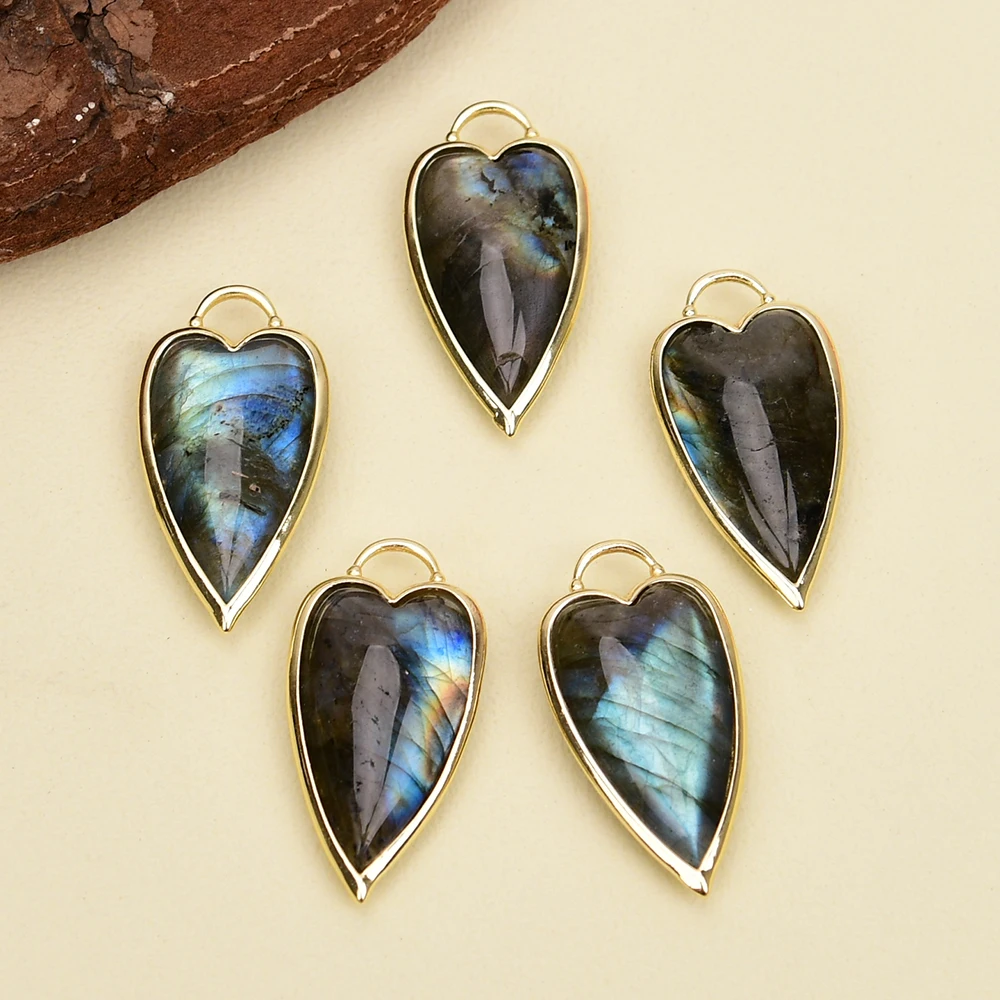 5 Pcs Natural Labradorite Quartz Heart Pendant Gold Edge Plated Bezel Set Gems Stone Charms Jewelry Making DIY
