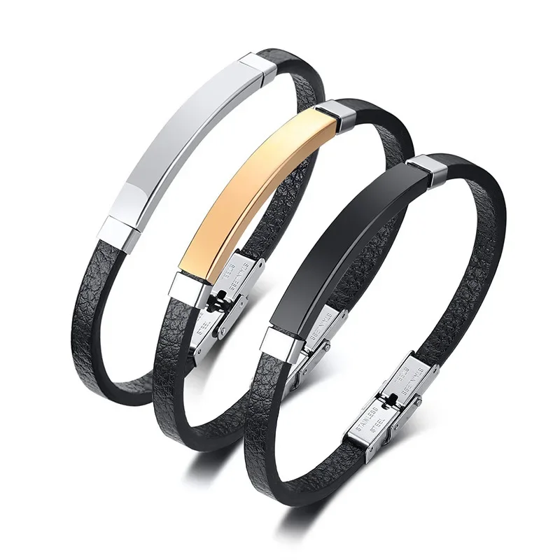 Personalized Leather Bracelet Men&Women Bracelet Stainless Steel Blank Curved Brand Microfiber Leather Bracelet
