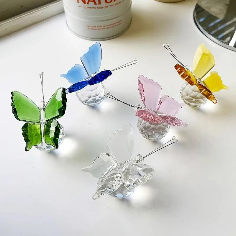 Mini new design colorful K9 crystal glass butterfly small animal ornament cute bookshelf cabinet furniture ornament girl gift