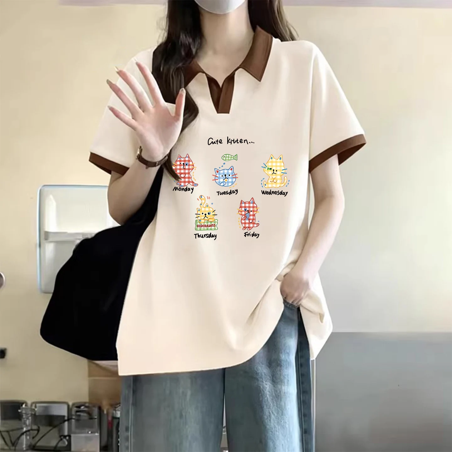 Summer Casual Large Size  Neck Short Sleeve T-Shirt Women's Contrast Color Shoulder Flip Collar Loose Fit Top