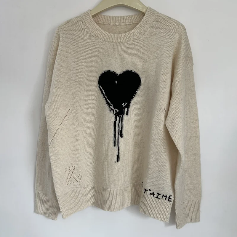 Beige cachemire pull femmes décontracté col rond pull amour diamant pull dame gris hiver hauts femme à manches longues chandails