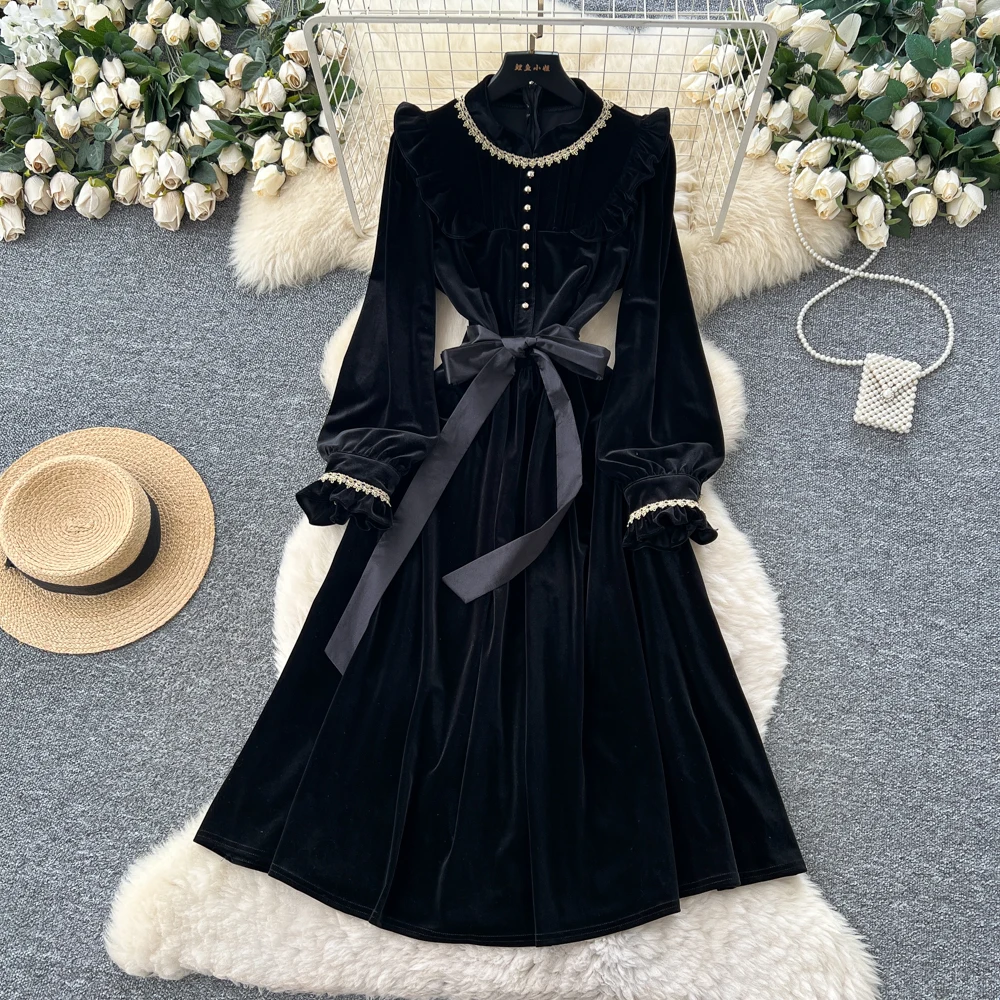 Vintage Elegant Long Sleeve Chic velour Slim Dresses Korean Office High Street Autumn Clothing