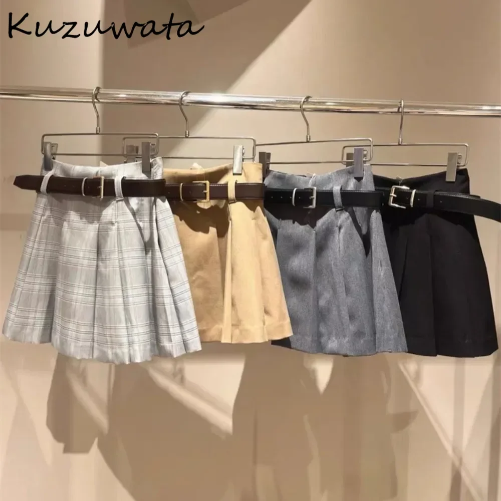 Kuzuwata Elegant High Waist All-match Pleated Skirt Belt Preppy Style Short Mujer Faldas Japan Literary Femme Harajuku New Falda