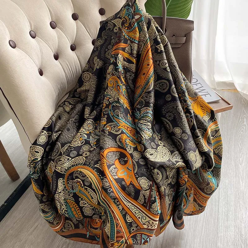 2023 Autumn Winter New 180*90cm Silk Scarf Women Putdoor Windprrof Large Size Shawl Beach Long Soft Printed Scarf for Lady Hijab