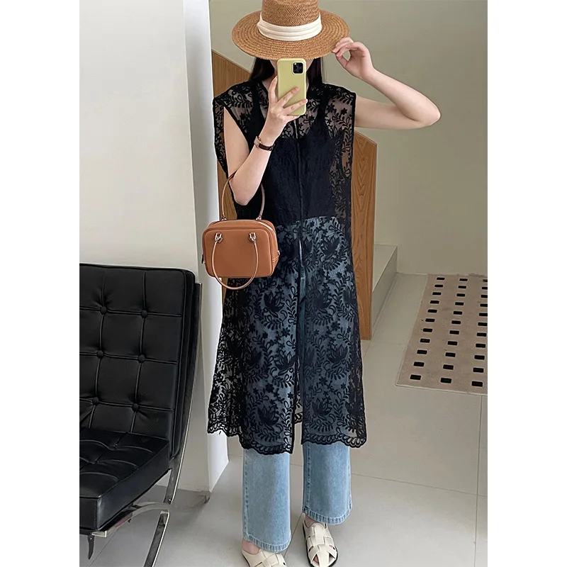 Spring and Summer Vintage Heavy Industry Lace Jacquard Hollow Bottom Layering, High-end Sense Hooded Shirt, Vest Dress